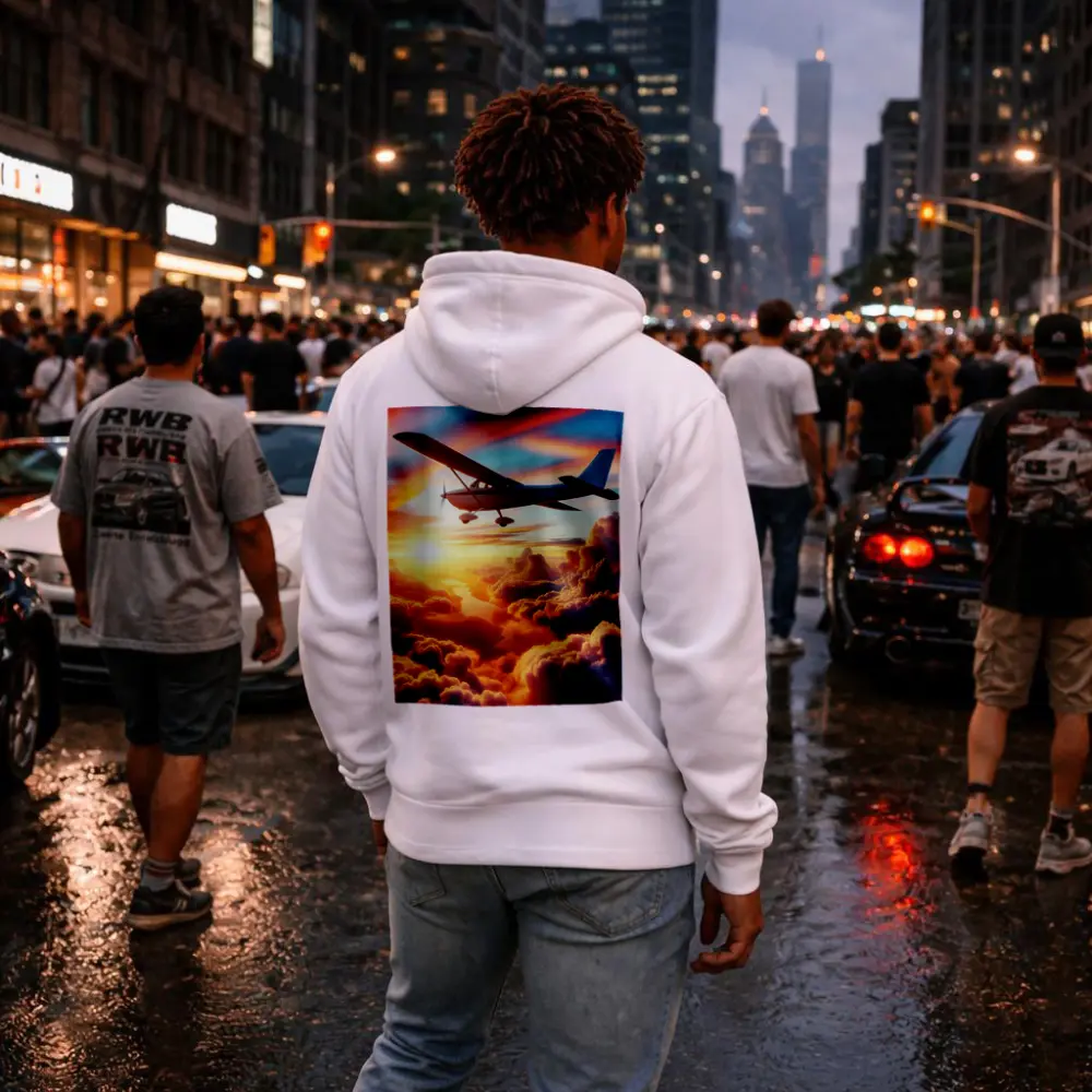 Small Plane Flying Above Sunset Clouds – Hoodies