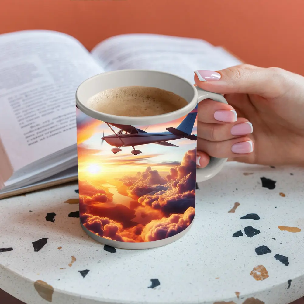Small Plane Flying Above Sunset Clouds – Mugs