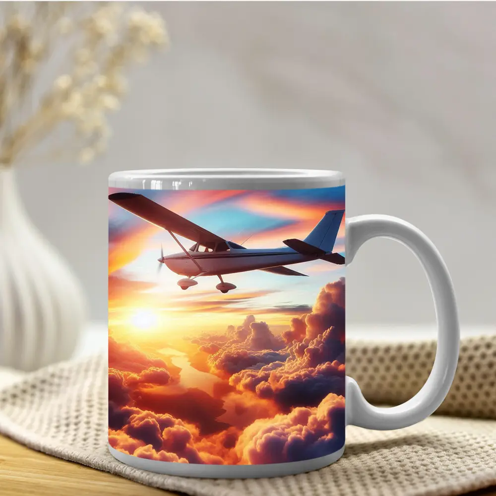 Small Plane Flying Above Sunset Clouds – Mugs