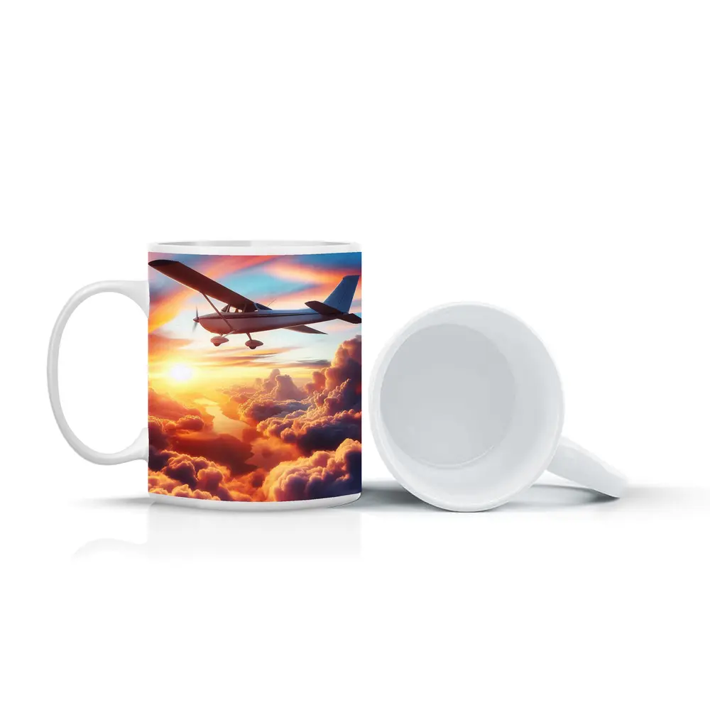 Small Plane Flying Above Sunset Clouds – Mugs