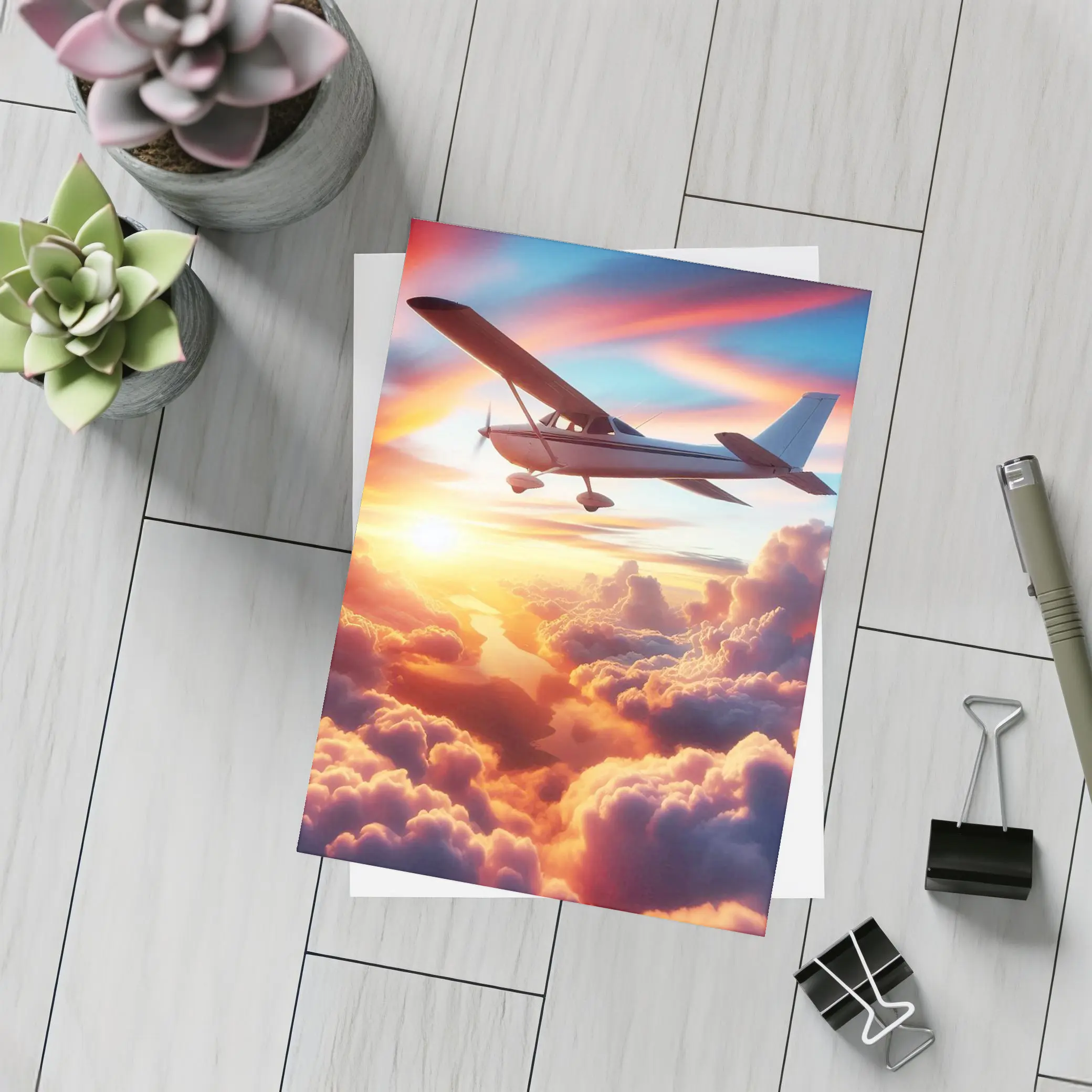 Small Plane Flying Above Sunset Clouds – Postcards