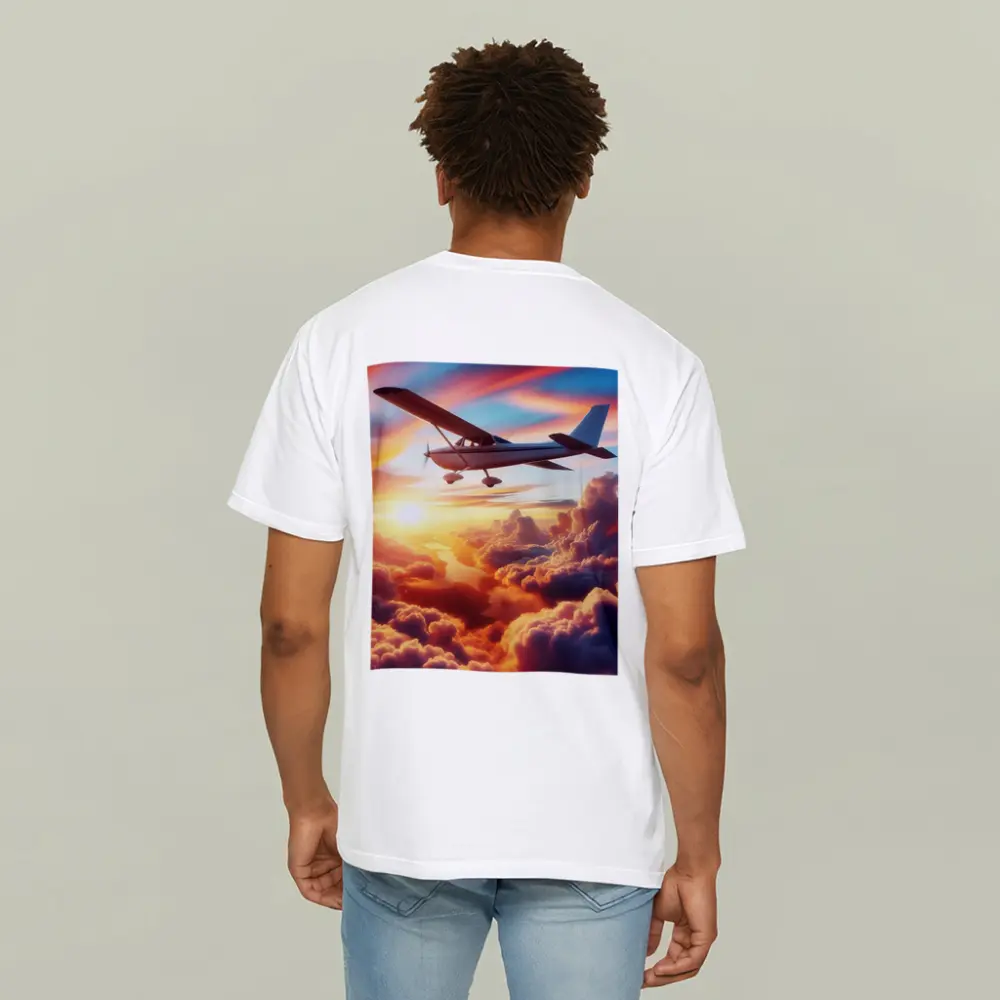 Small Plane Flying Above Sunset Clouds – T-Shirts