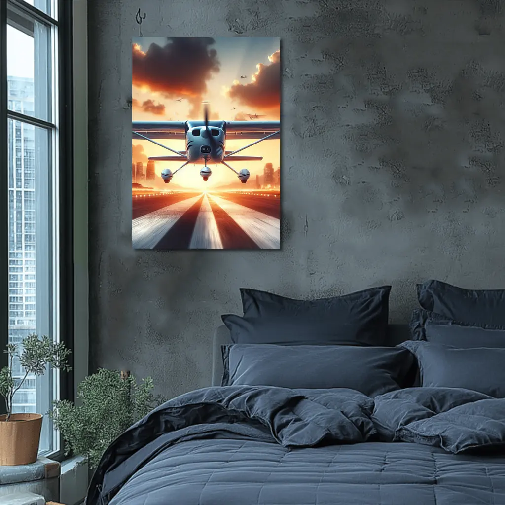 Small Plane Taking Off Sunset Runway – Wall Art