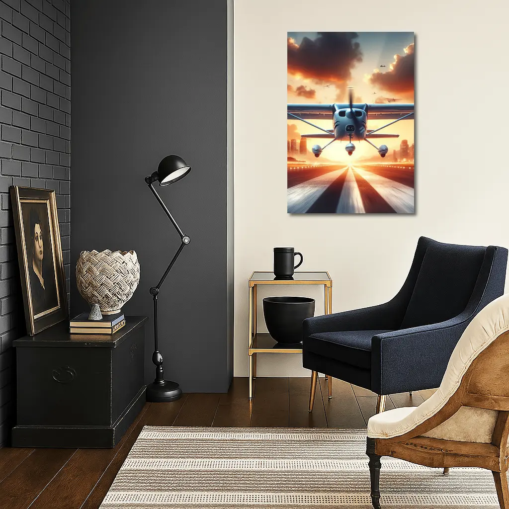 Small Plane Taking Off Sunset Runway – Wall Art