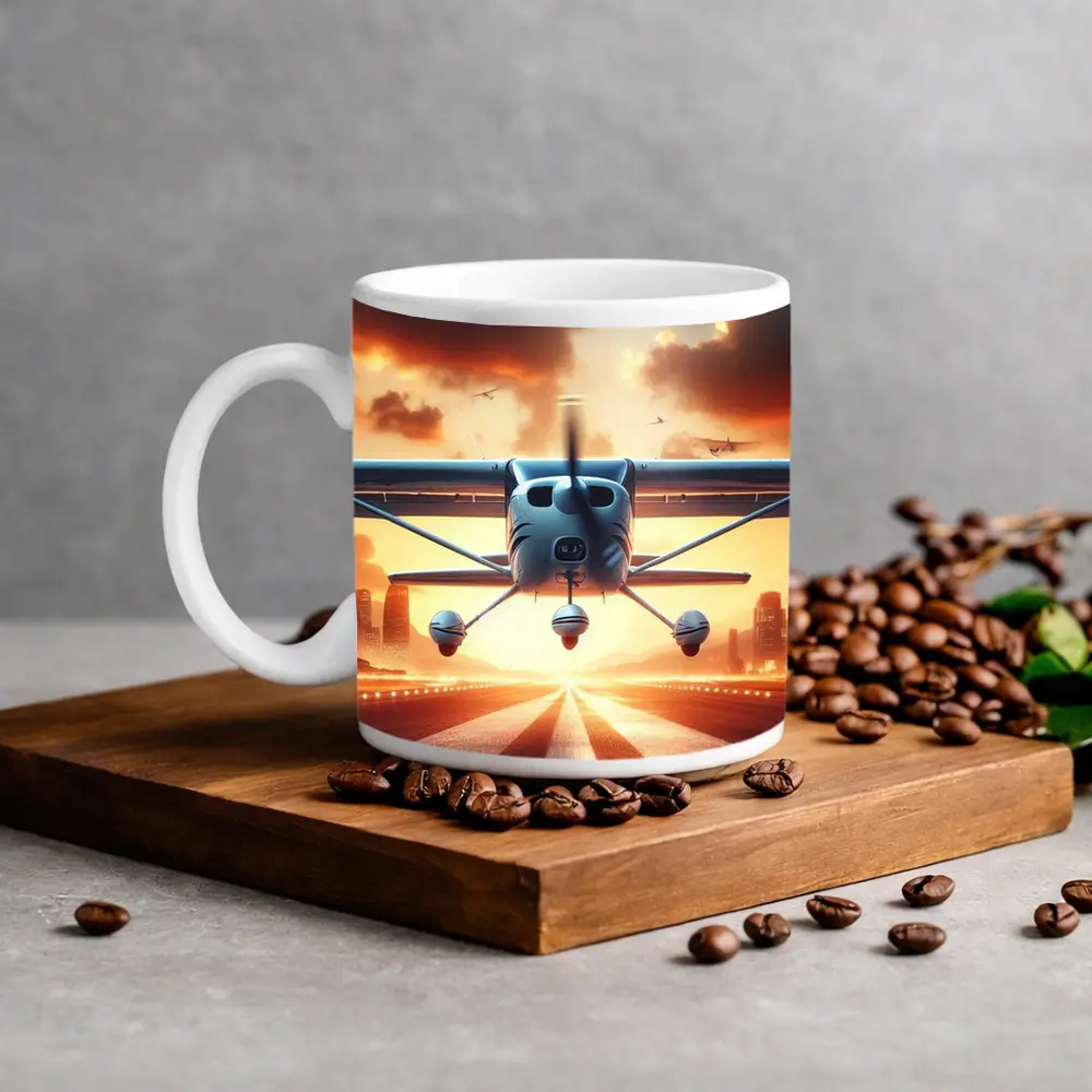 Small Plane Taking Off Sunset Runway – Mugs