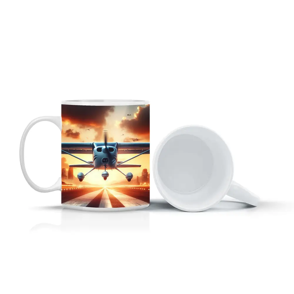 Small Plane Taking Off Sunset Runway – Mugs