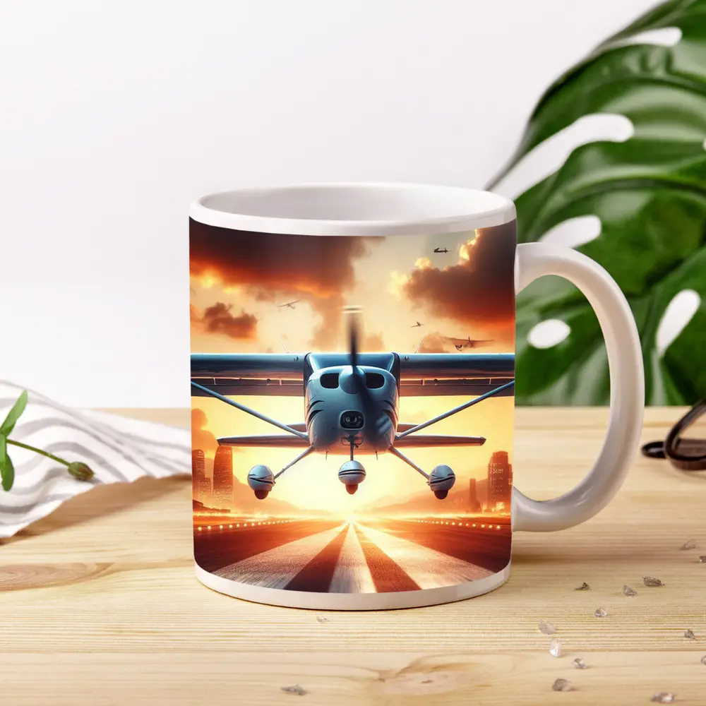 Small Plane Taking Off Sunset Runway – Mugs