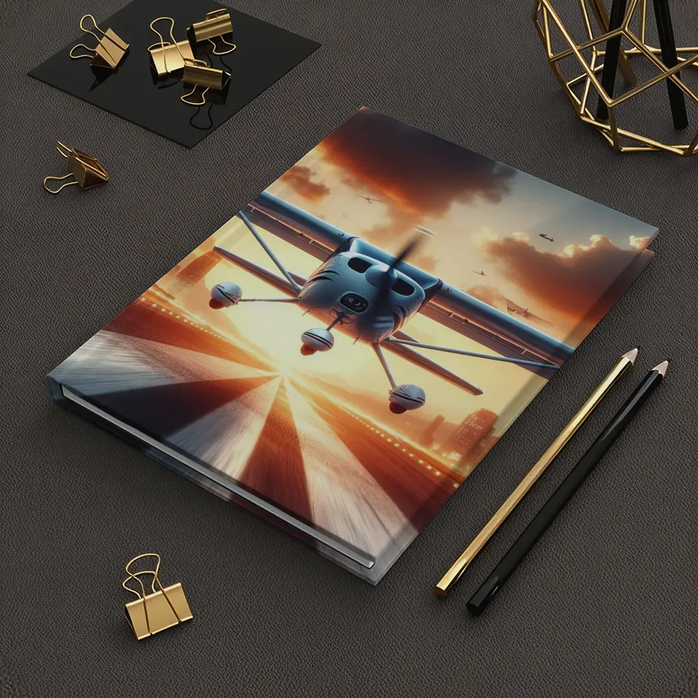 Small Plane Taking Off Sunset Runway – Notebooks