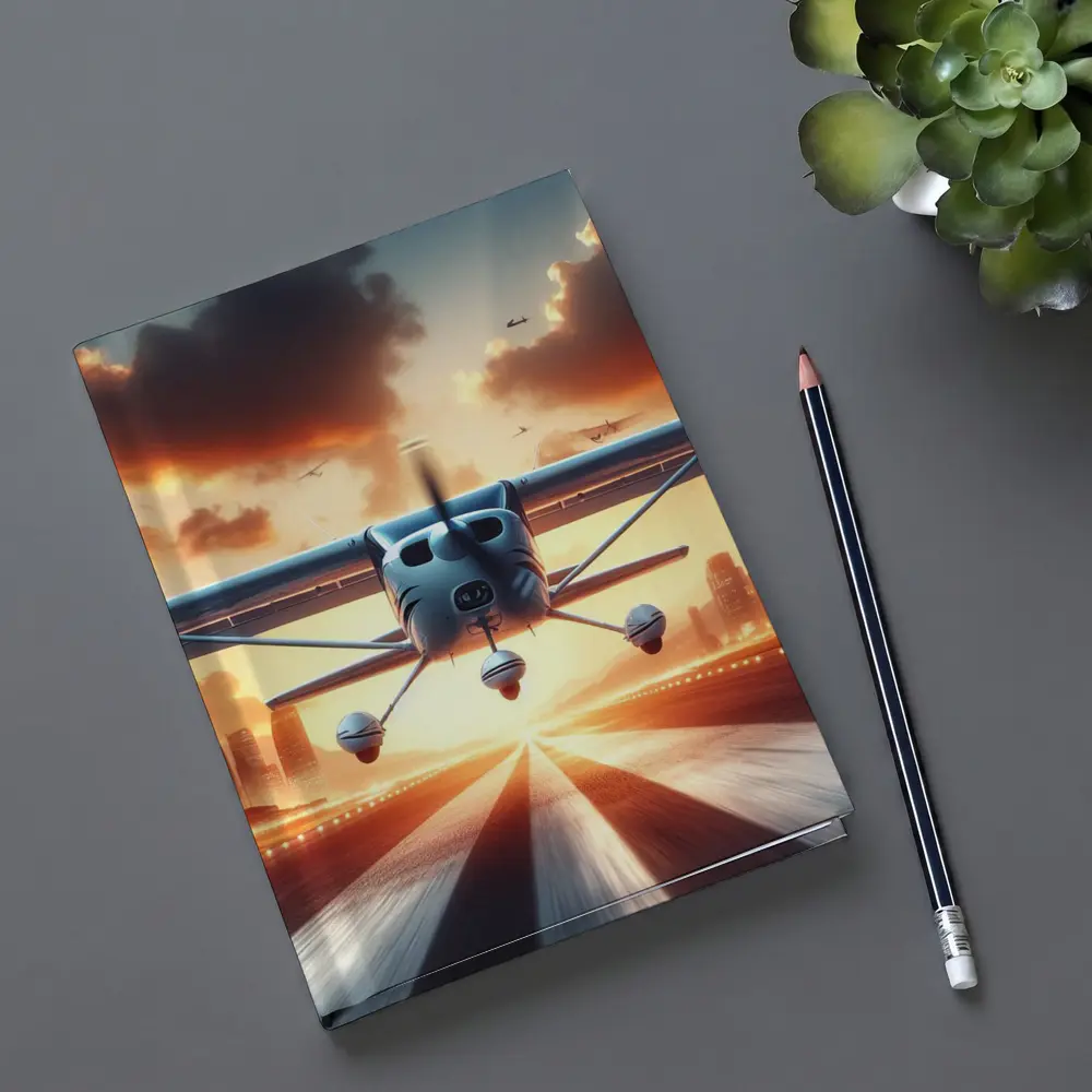 Small Plane Taking Off Sunset Runway – Notebooks