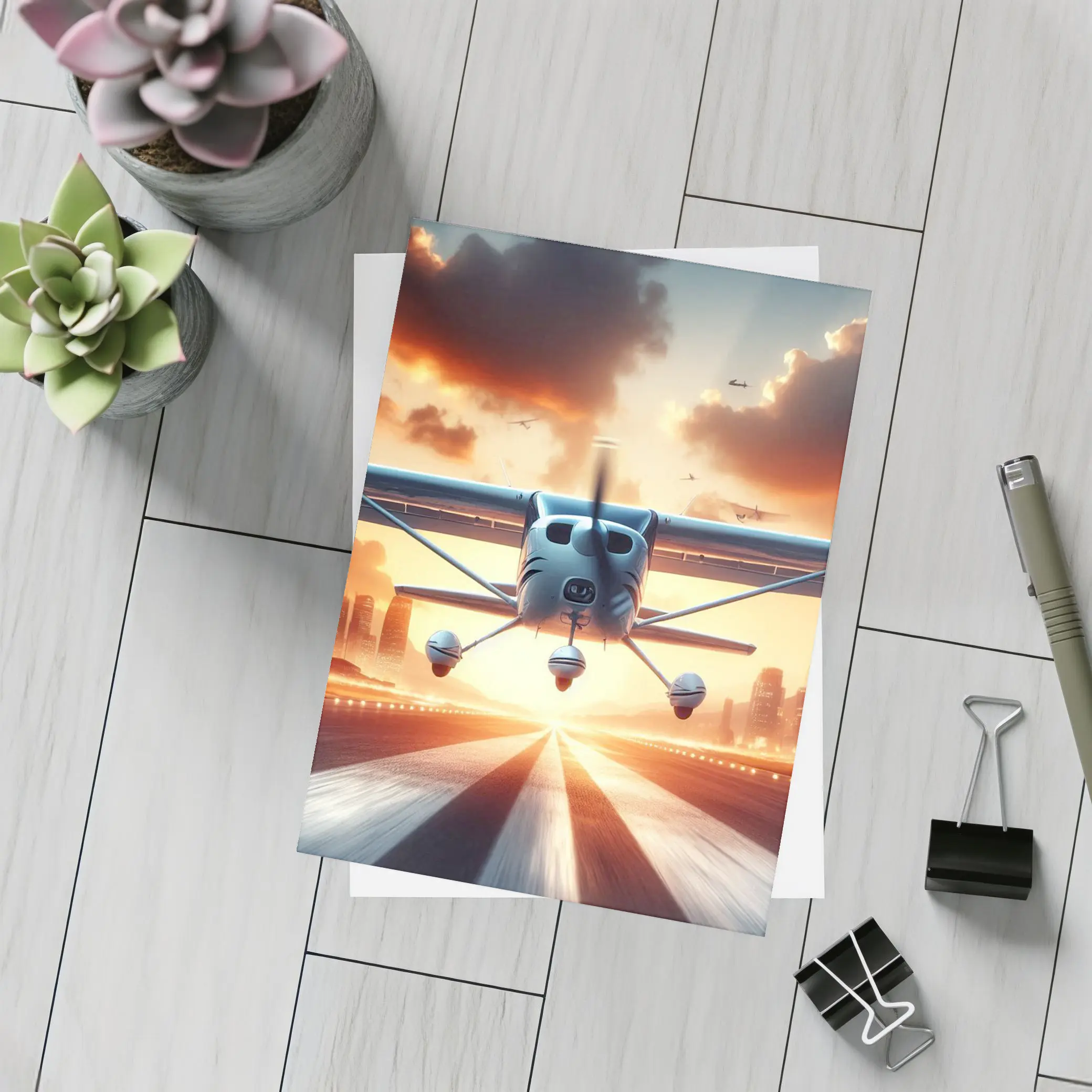 Small Plane Taking Off Sunset Runway – Postcards