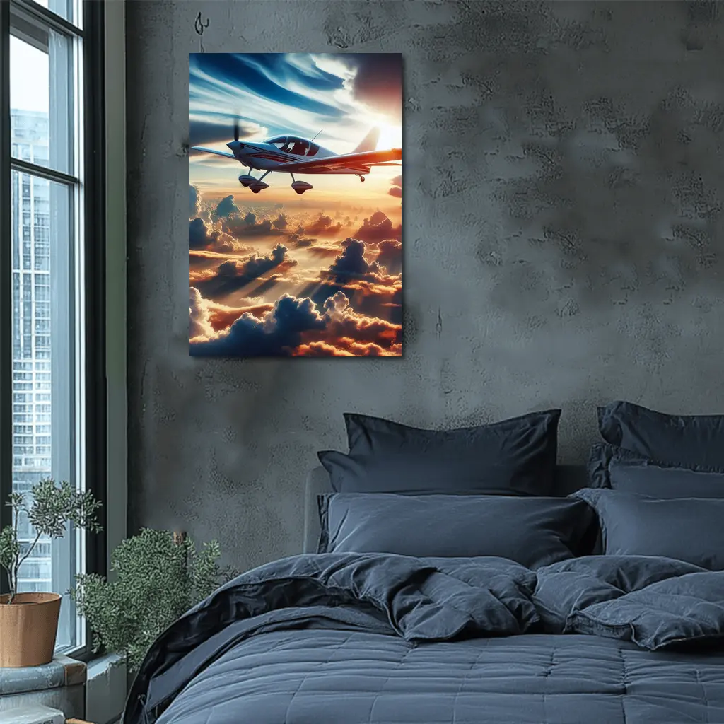 Small Plane Flying Above Golden Sunset Clouds – Wall Art