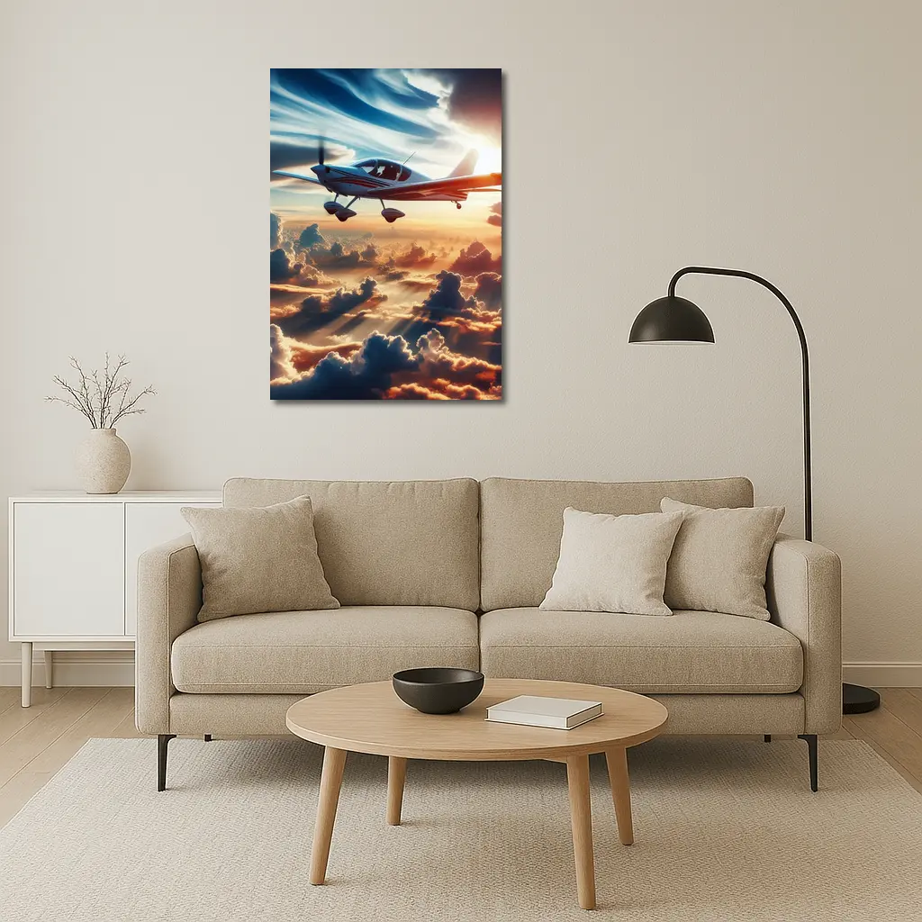 Small Plane Flying Above Golden Sunset Clouds – Wall Art
