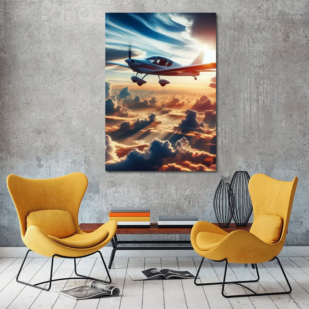Small Plane Flying Above Golden Sunset Clouds – Wall Art