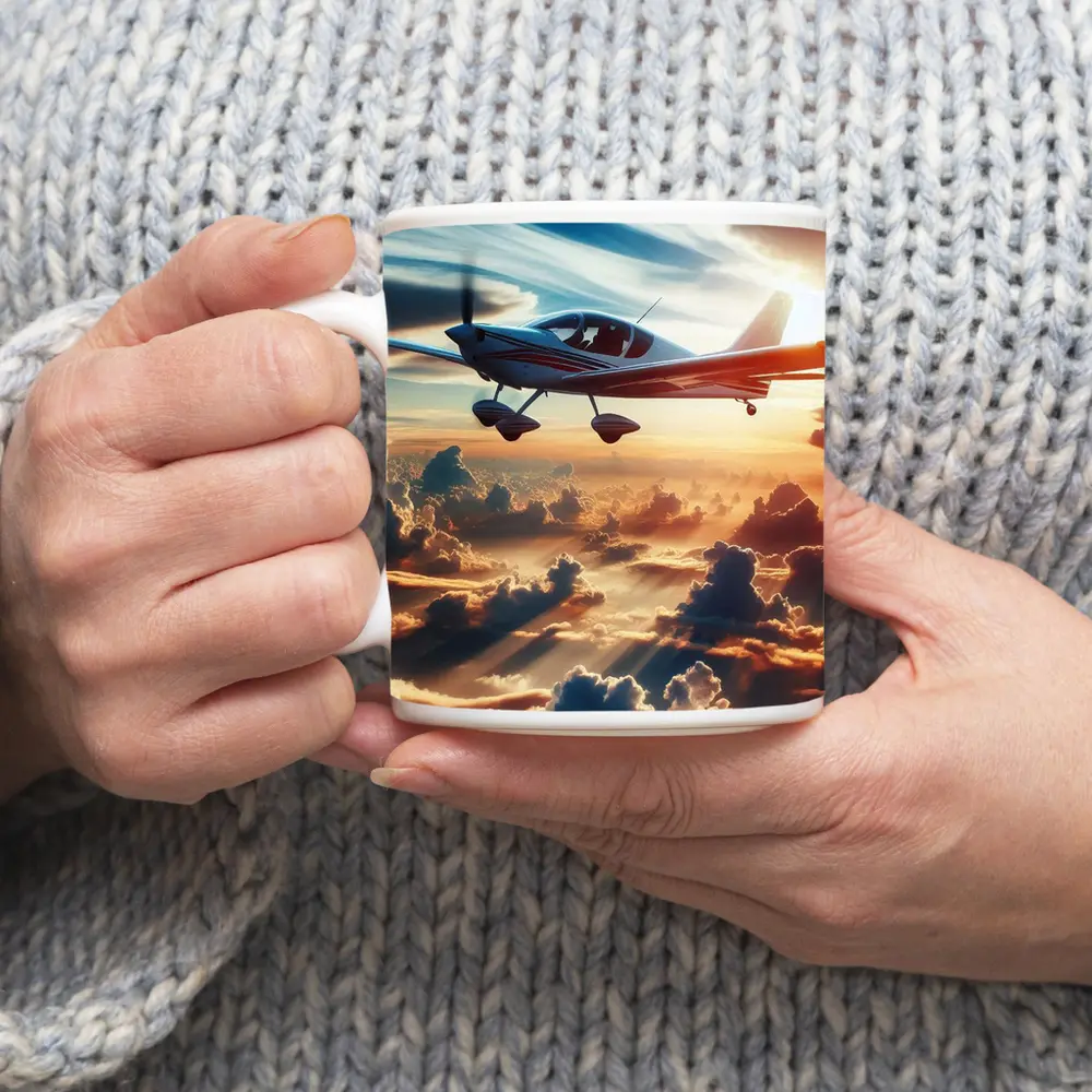 Small Plane Flying Above Golden Sunset Clouds – Mugs