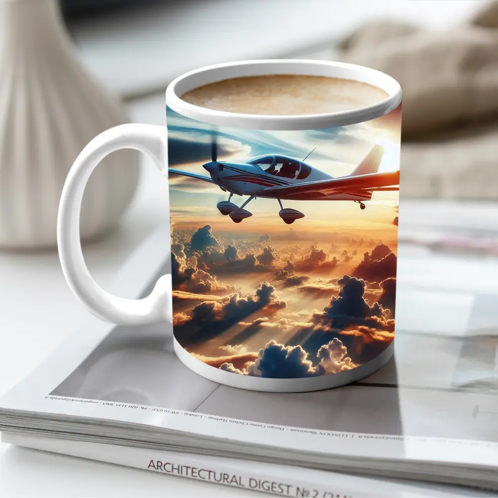 Small Plane Flying Above Golden Sunset Clouds – Mugs