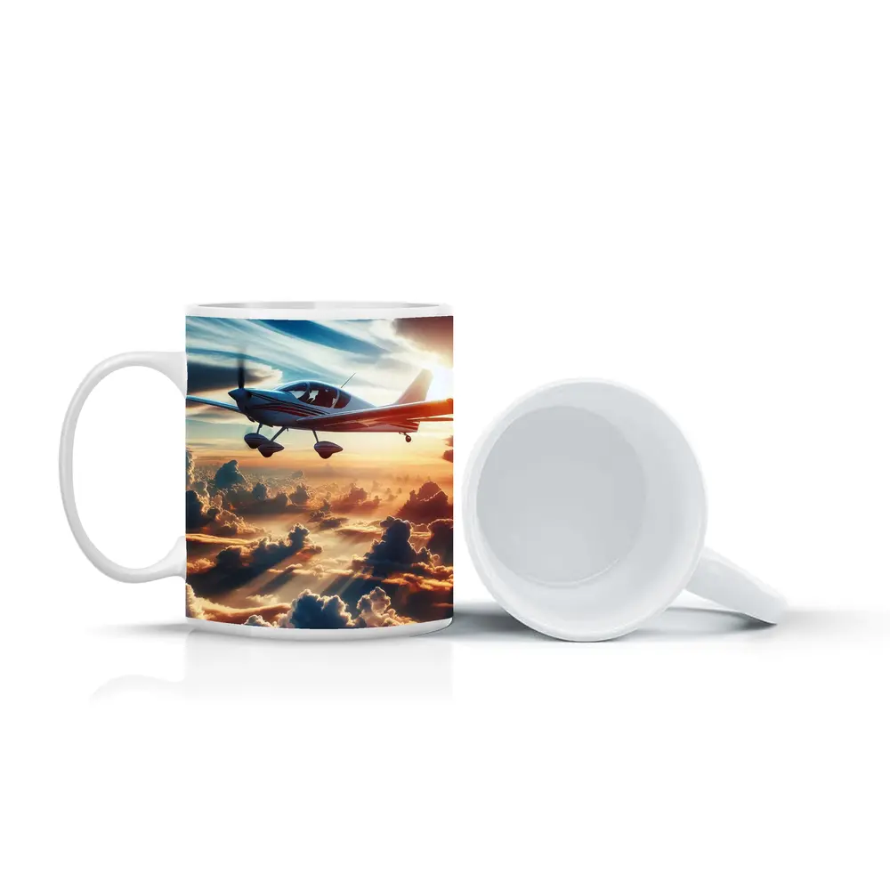 Small Plane Flying Above Golden Sunset Clouds – Mugs