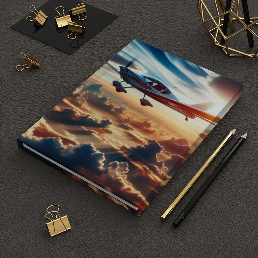 Small Plane Flying Above Golden Sunset Clouds – Notebooks