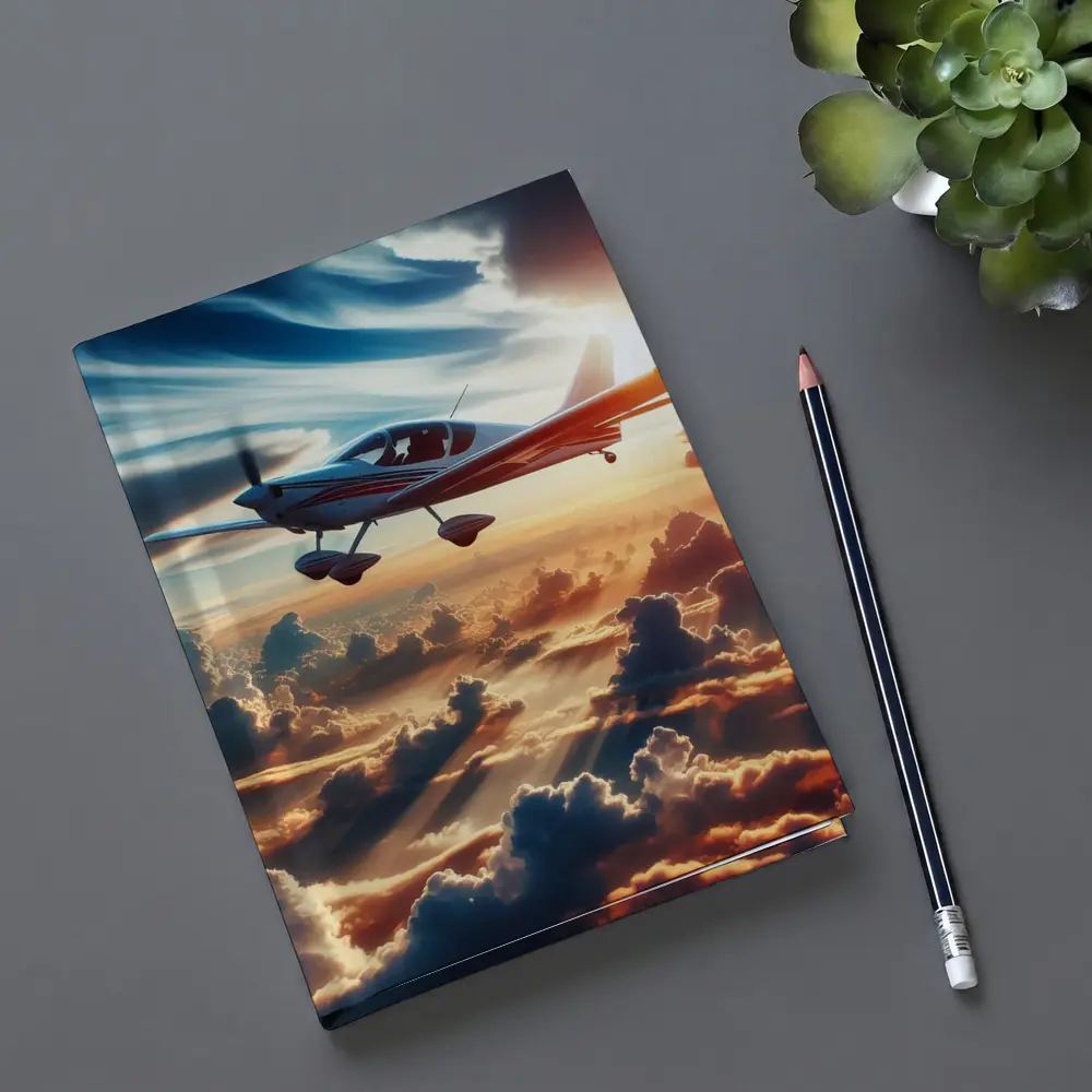 Small Plane Flying Above Golden Sunset Clouds – Notebooks