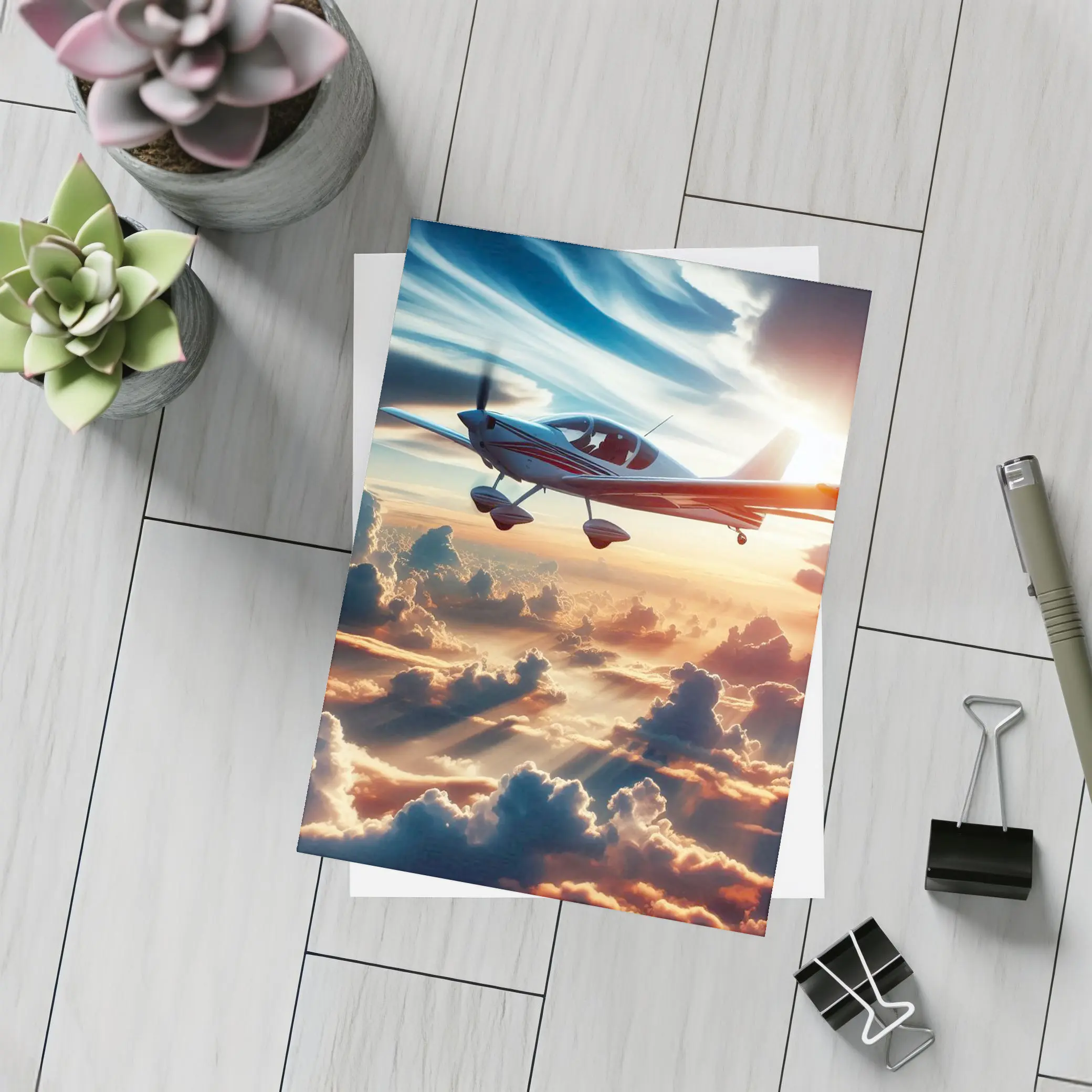 Small Plane Flying Above Golden Sunset Clouds – Postcards