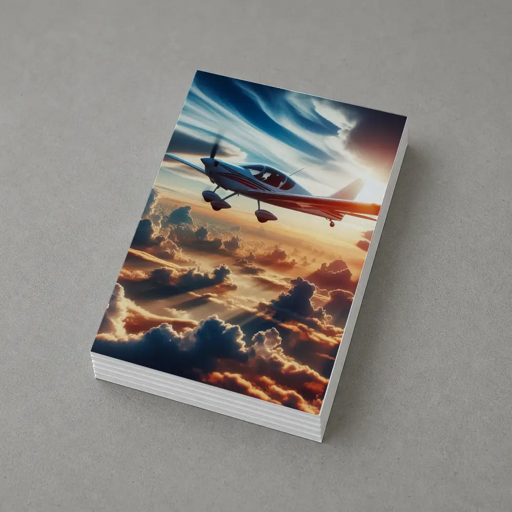 Small Plane Flying Above Golden Sunset Clouds – Postcards