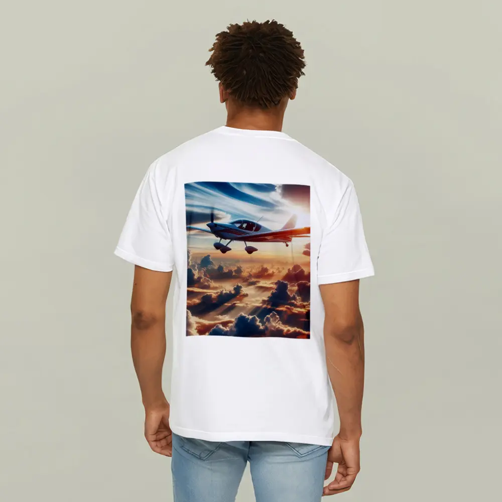 Small Plane Flying Above Golden Sunset Clouds – T-Shirts