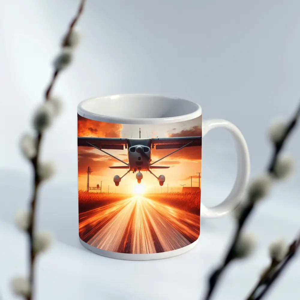 Small Cessna Plane Taking Off At Sunset – Mugs