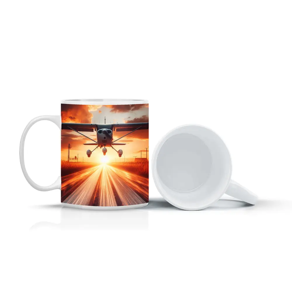 Small Cessna Plane Taking Off At Sunset – Mugs