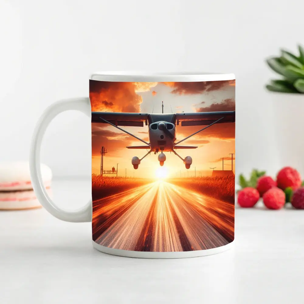 Small Cessna Plane Taking Off At Sunset – Mugs