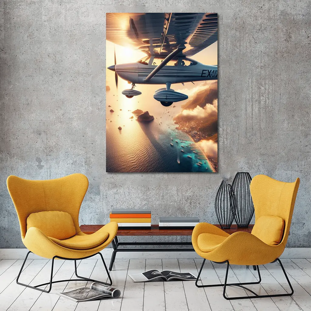 Small Plane Flying Over Coastal Island Sunset – Wall Art