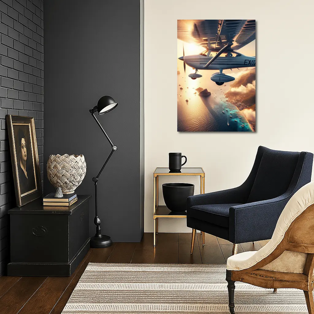 Small Plane Flying Over Coastal Island Sunset – Wall Art