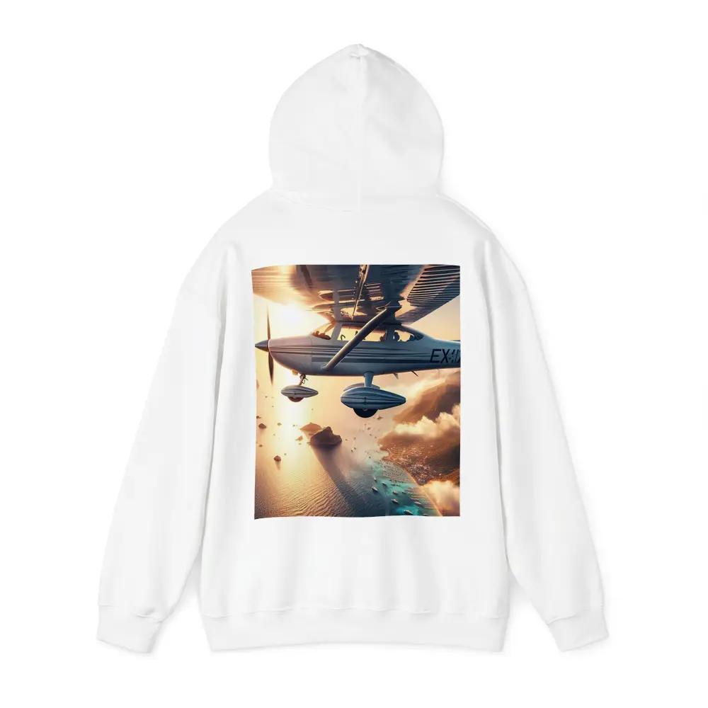 Small Plane Flying Over Coastal Island Sunset – Hoodies