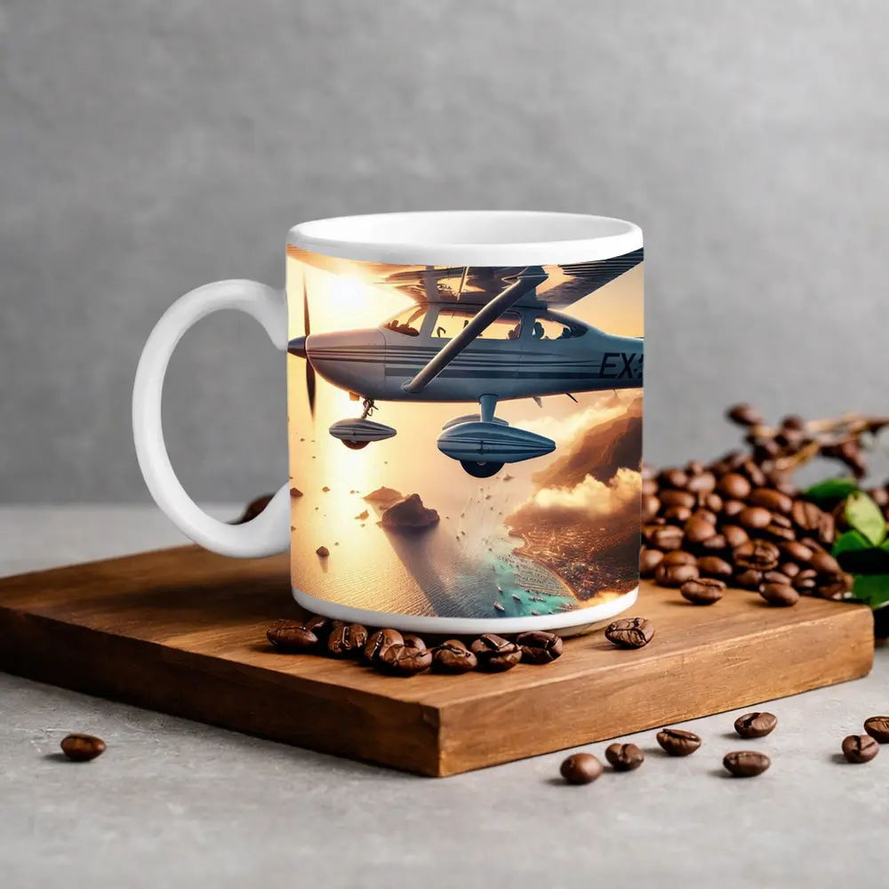 Small Plane Flying Over Coastal Island Sunset – Mugs