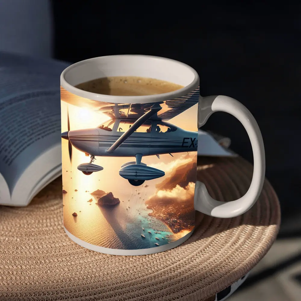 Small Plane Flying Over Coastal Island Sunset – Mugs