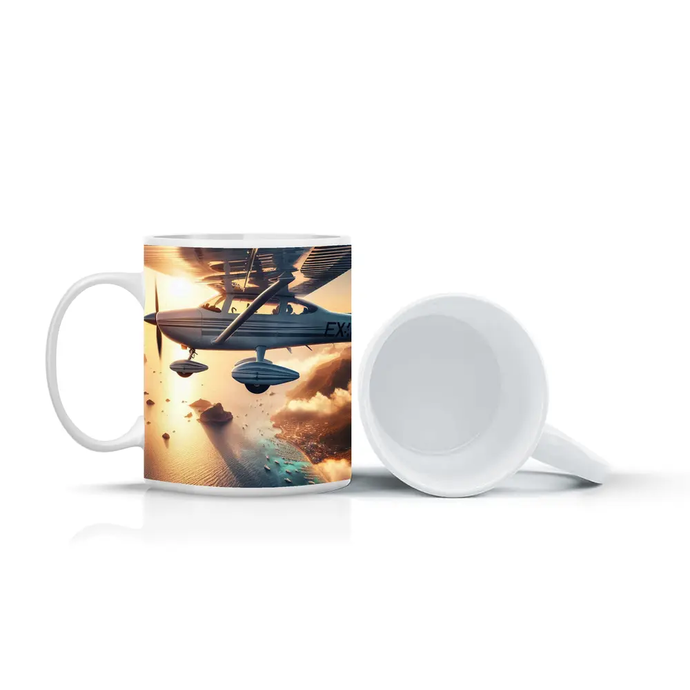 Small Plane Flying Over Coastal Island Sunset – Mugs