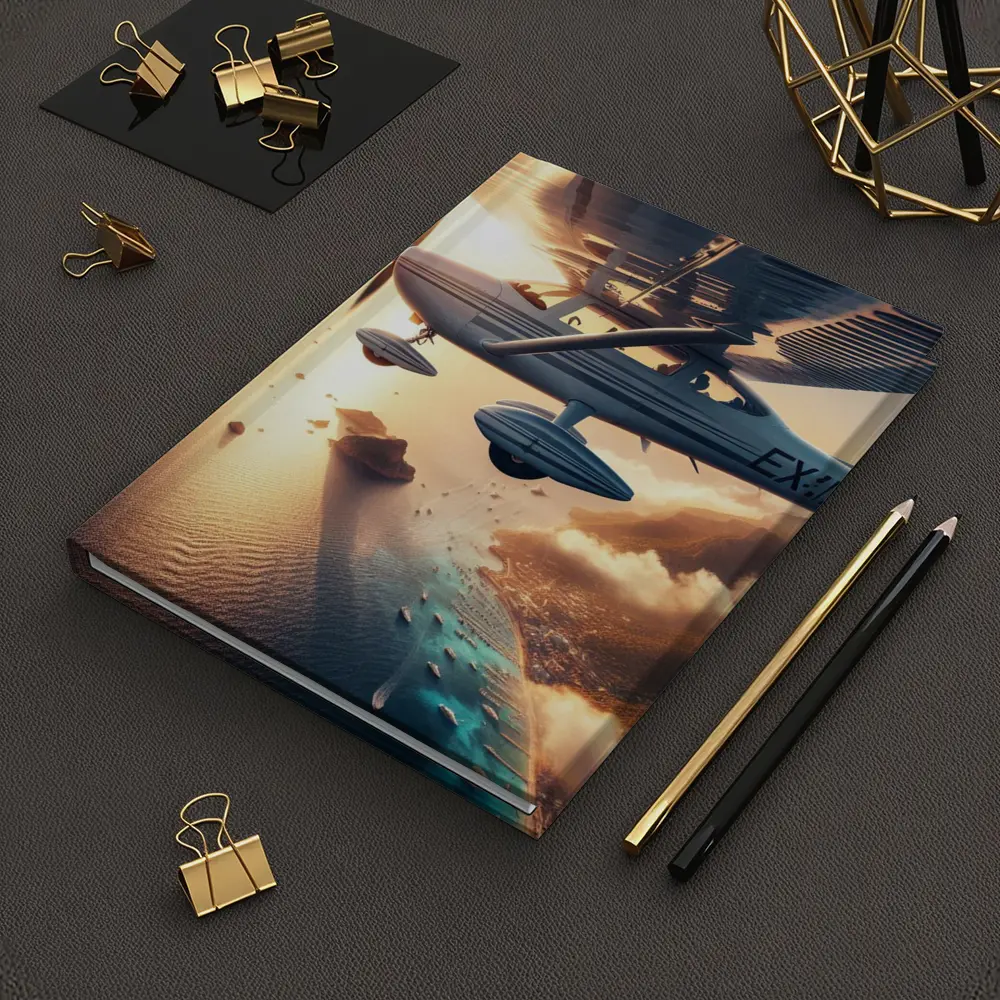 Small Plane Flying Over Coastal Island Sunset – Notebooks