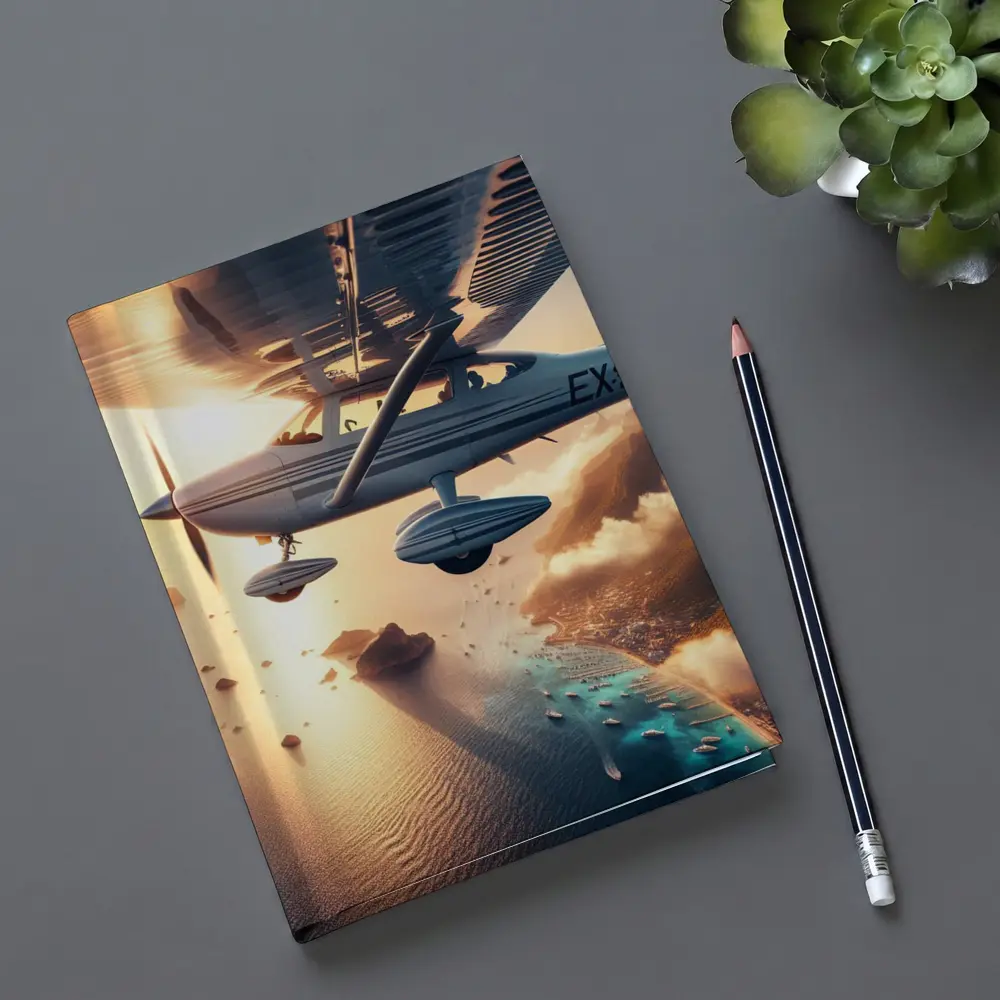 Small Plane Flying Over Coastal Island Sunset – Notebooks