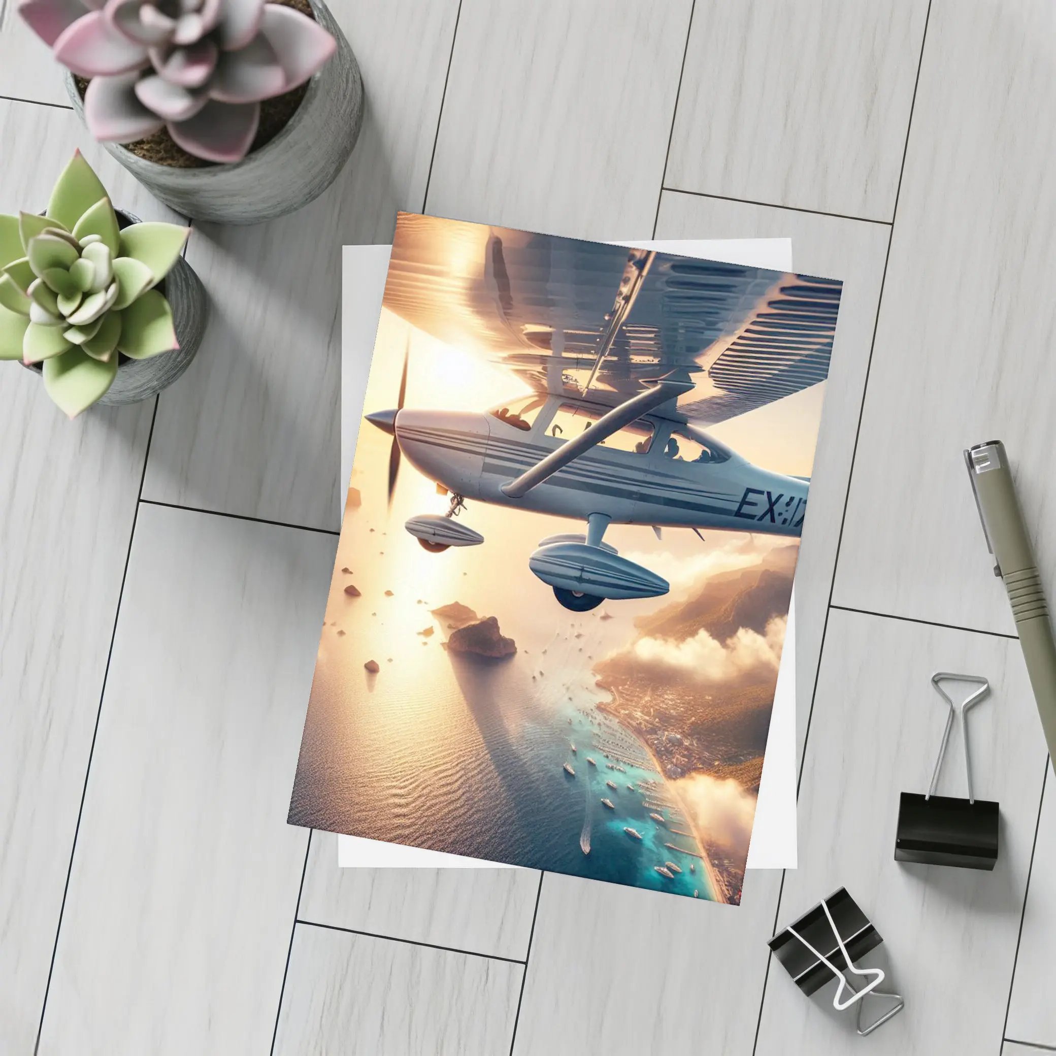 Small Plane Flying Over Coastal Island Sunset – Postcards