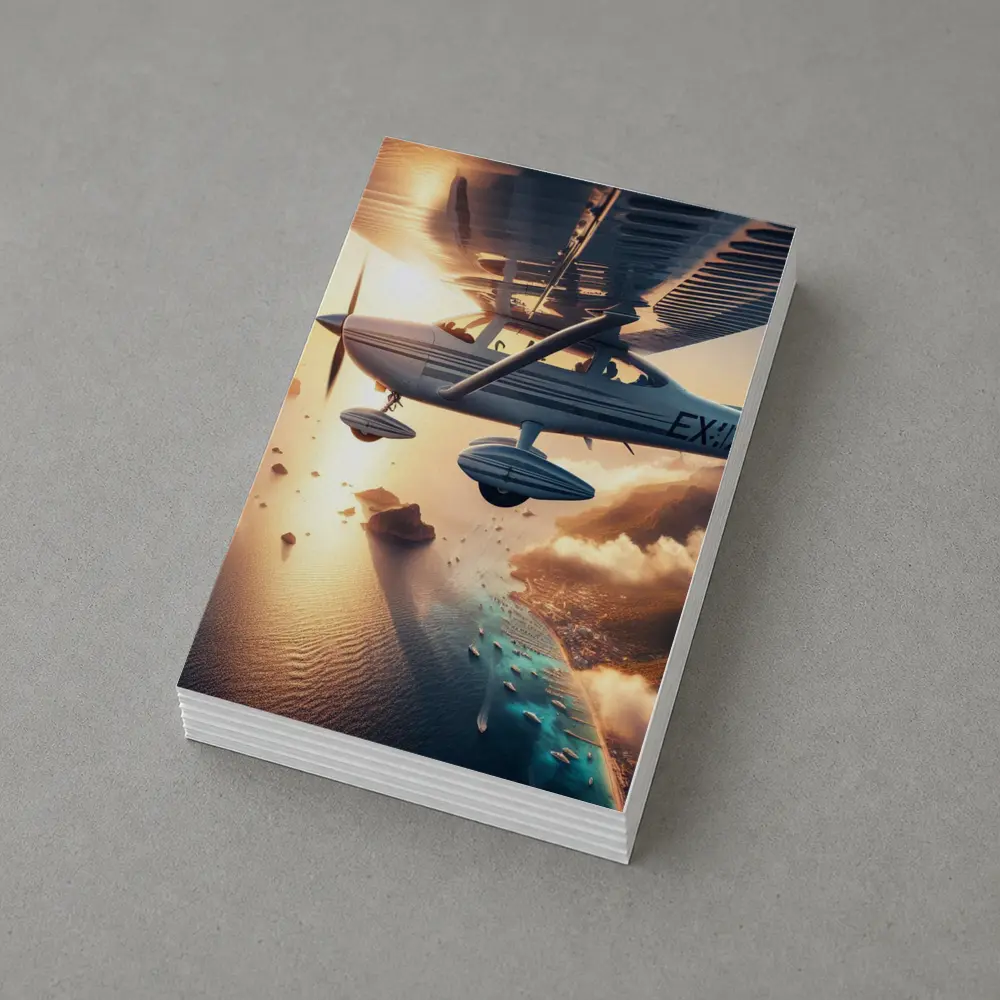 Small Plane Flying Over Coastal Island Sunset – Postcards