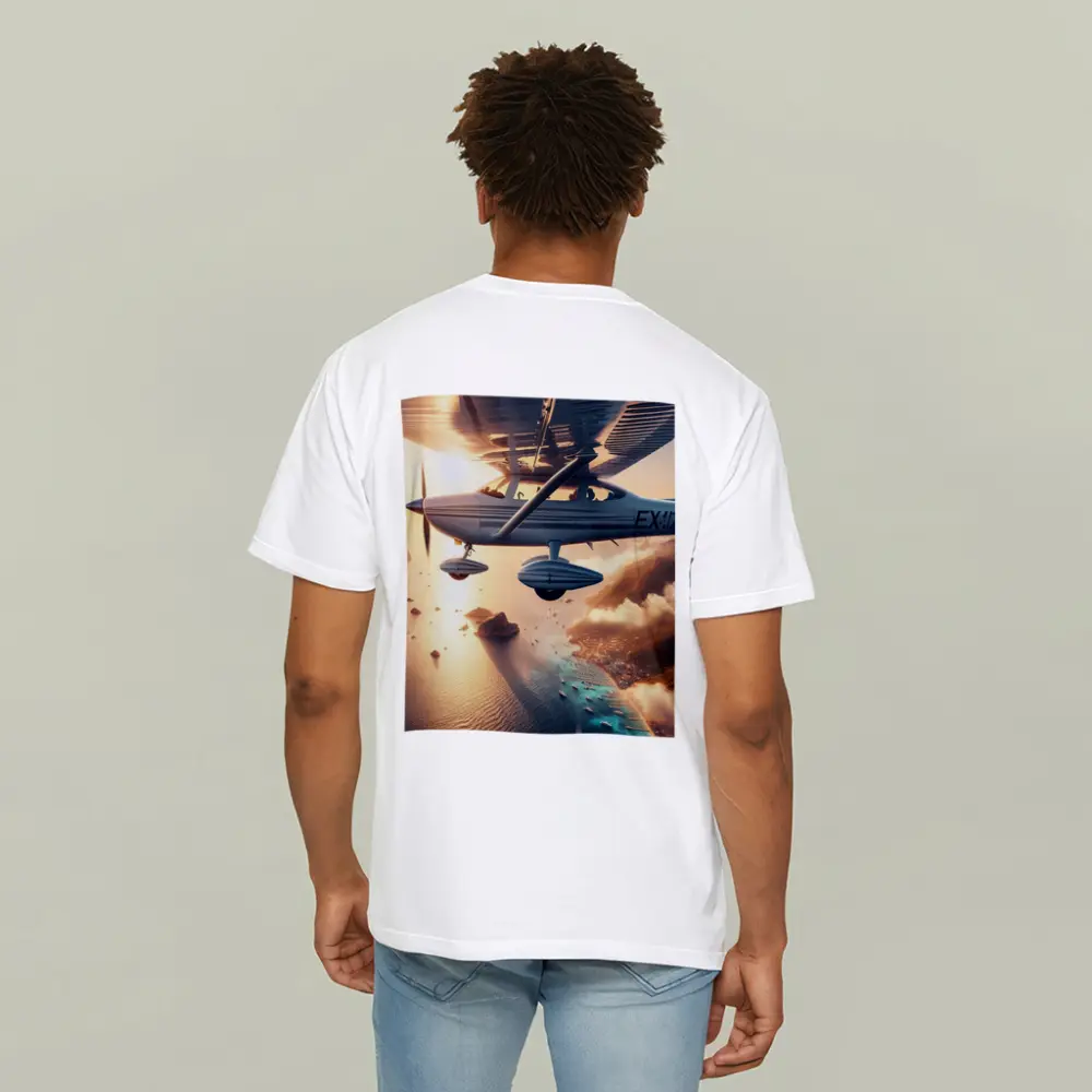 Small Plane Flying Over Coastal Island Sunset – T-Shirts