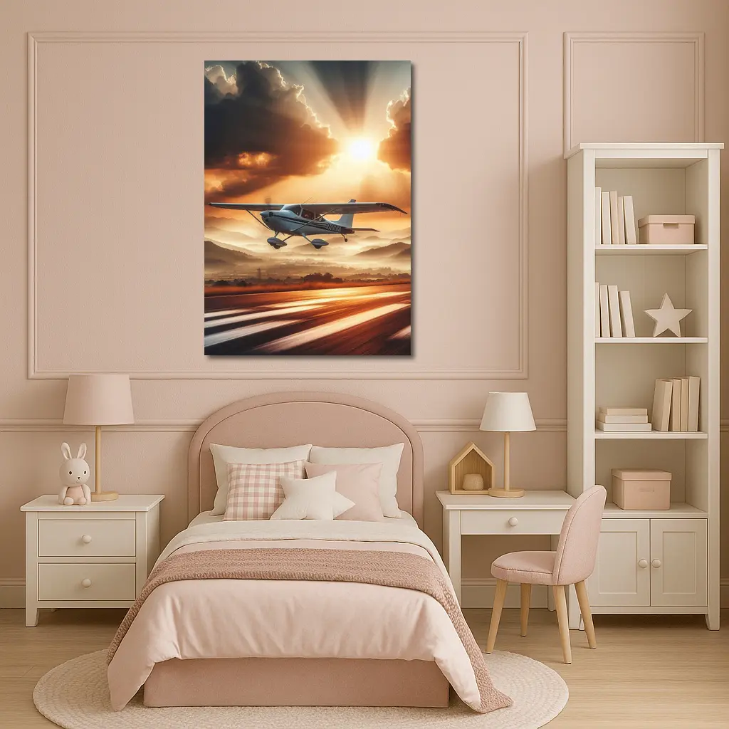Small Cessna Plane Flying Sunset Mountain Sky – Wall Art