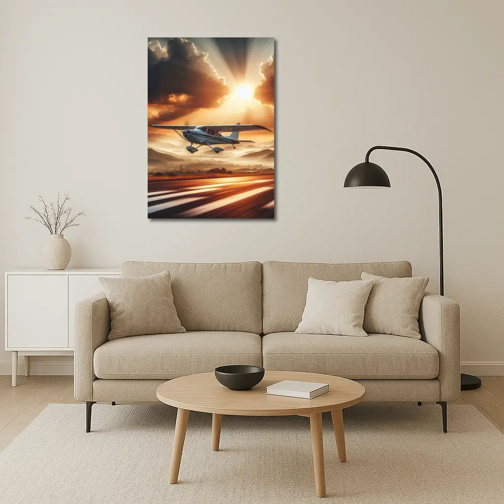 Small Cessna Plane Flying Sunset Mountain Sky – Wall Art