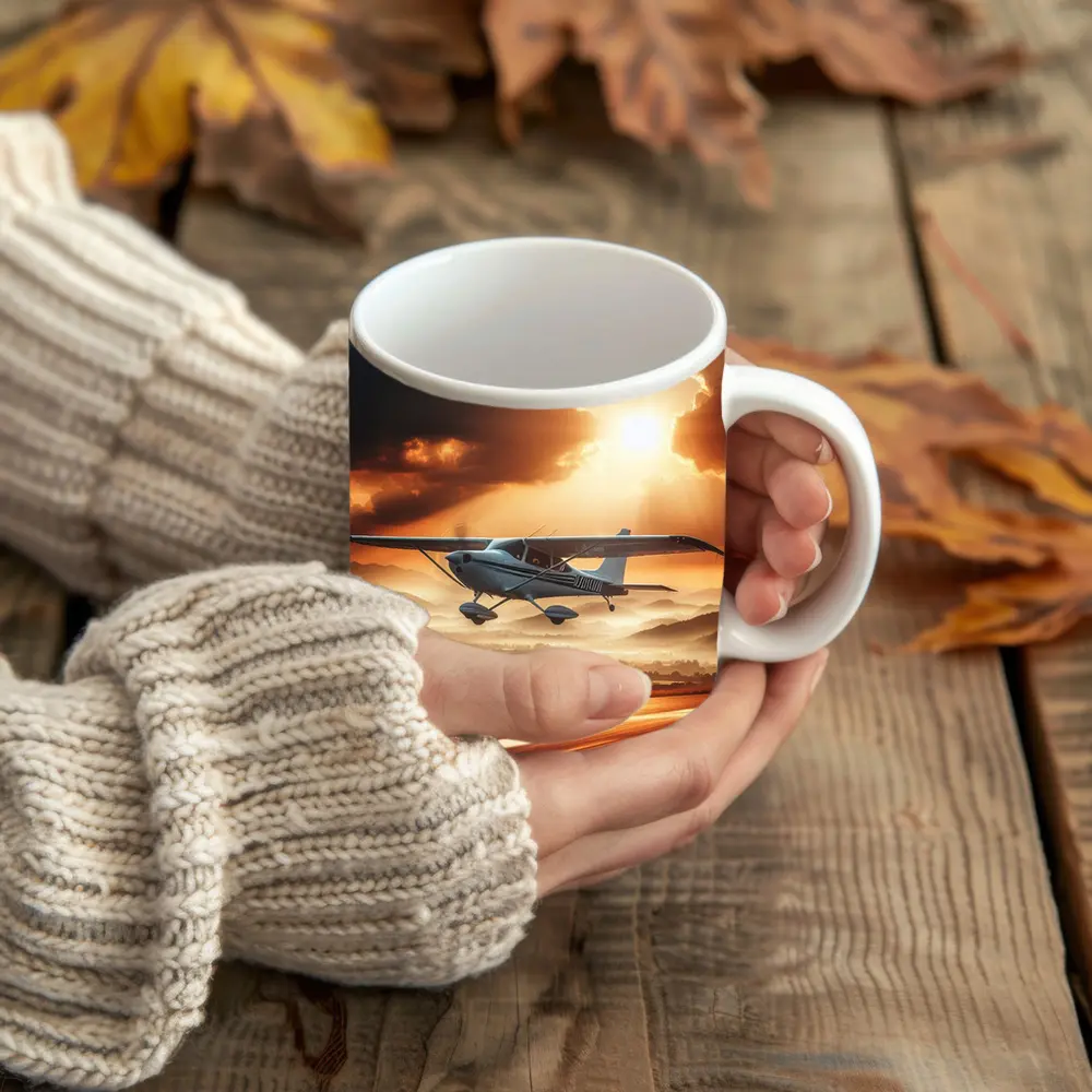 Small Cessna Plane Flying Sunset Mountain Sky – Mugs