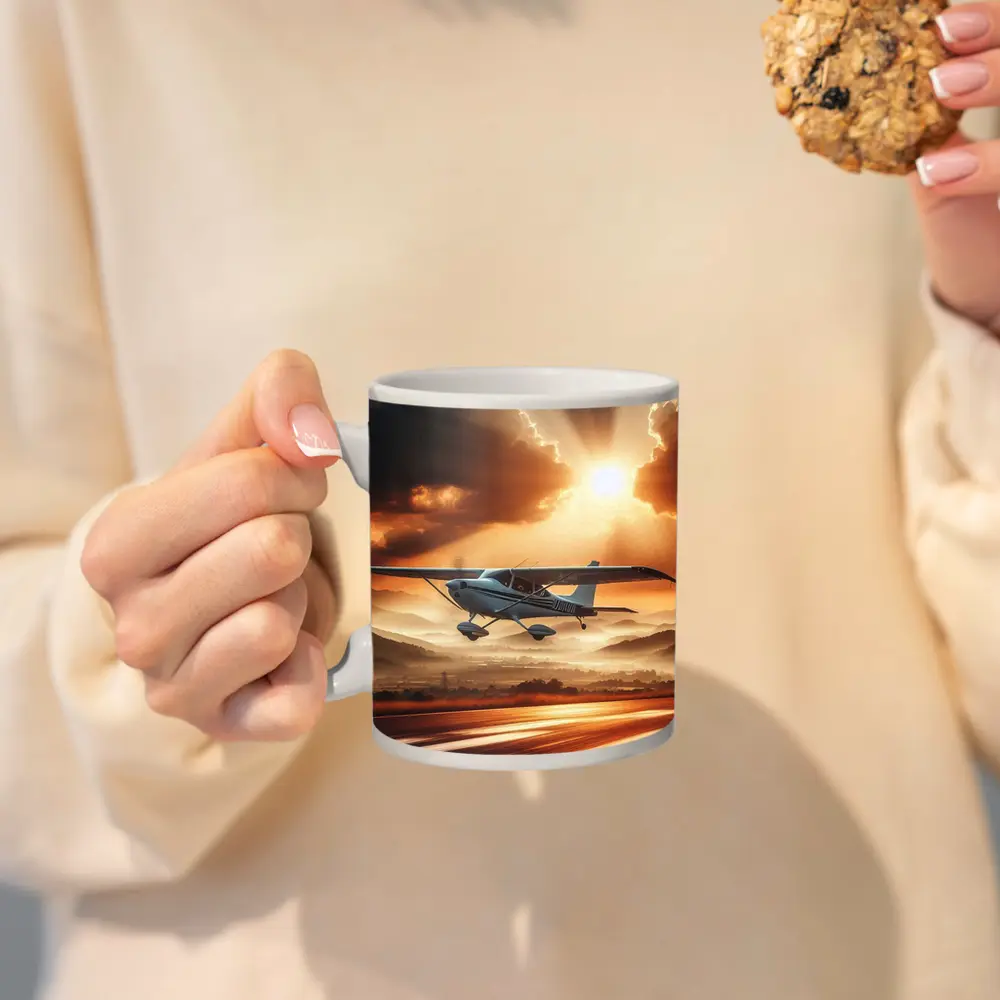 Small Cessna Plane Flying Sunset Mountain Sky – Mugs