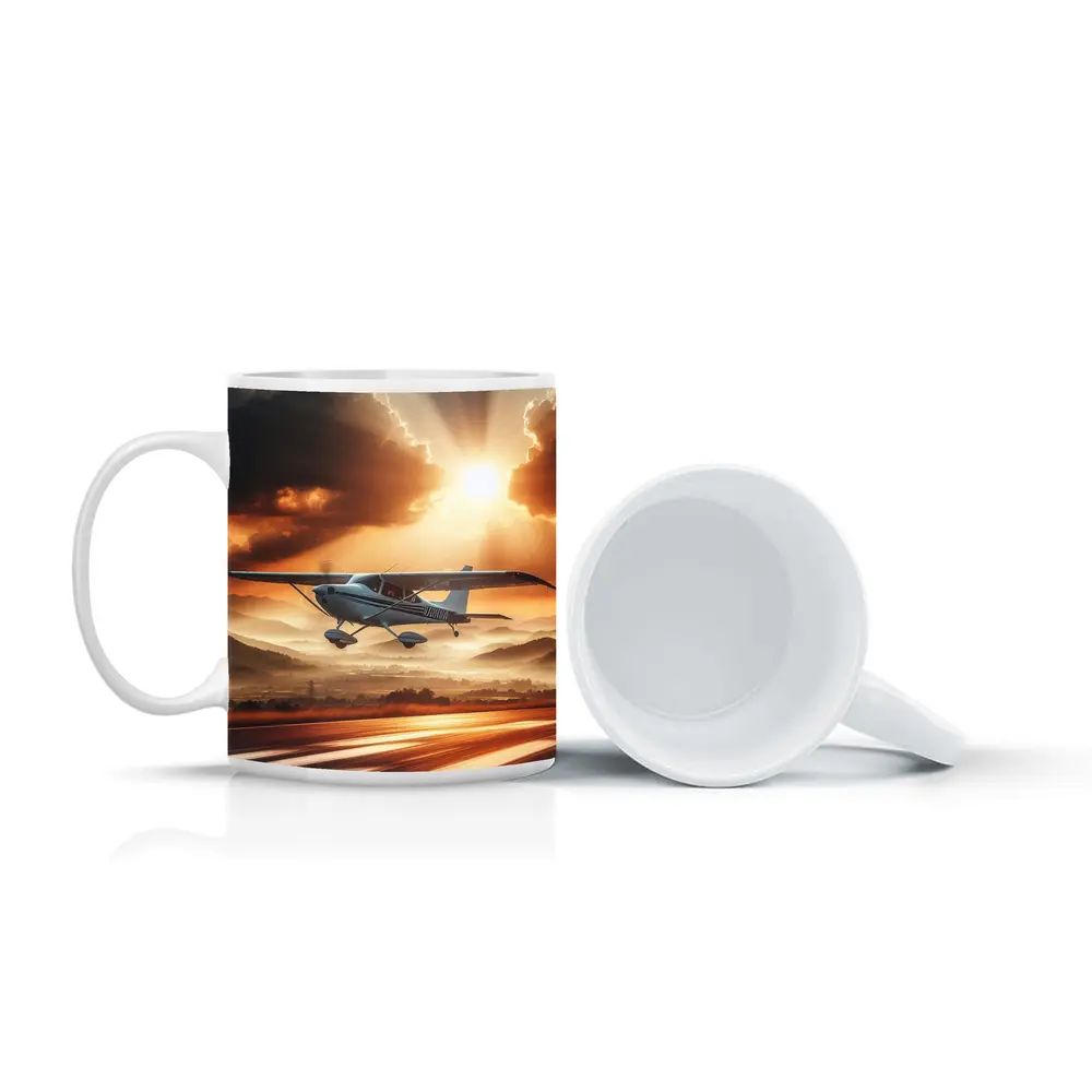 Small Cessna Plane Flying Sunset Mountain Sky – Mugs