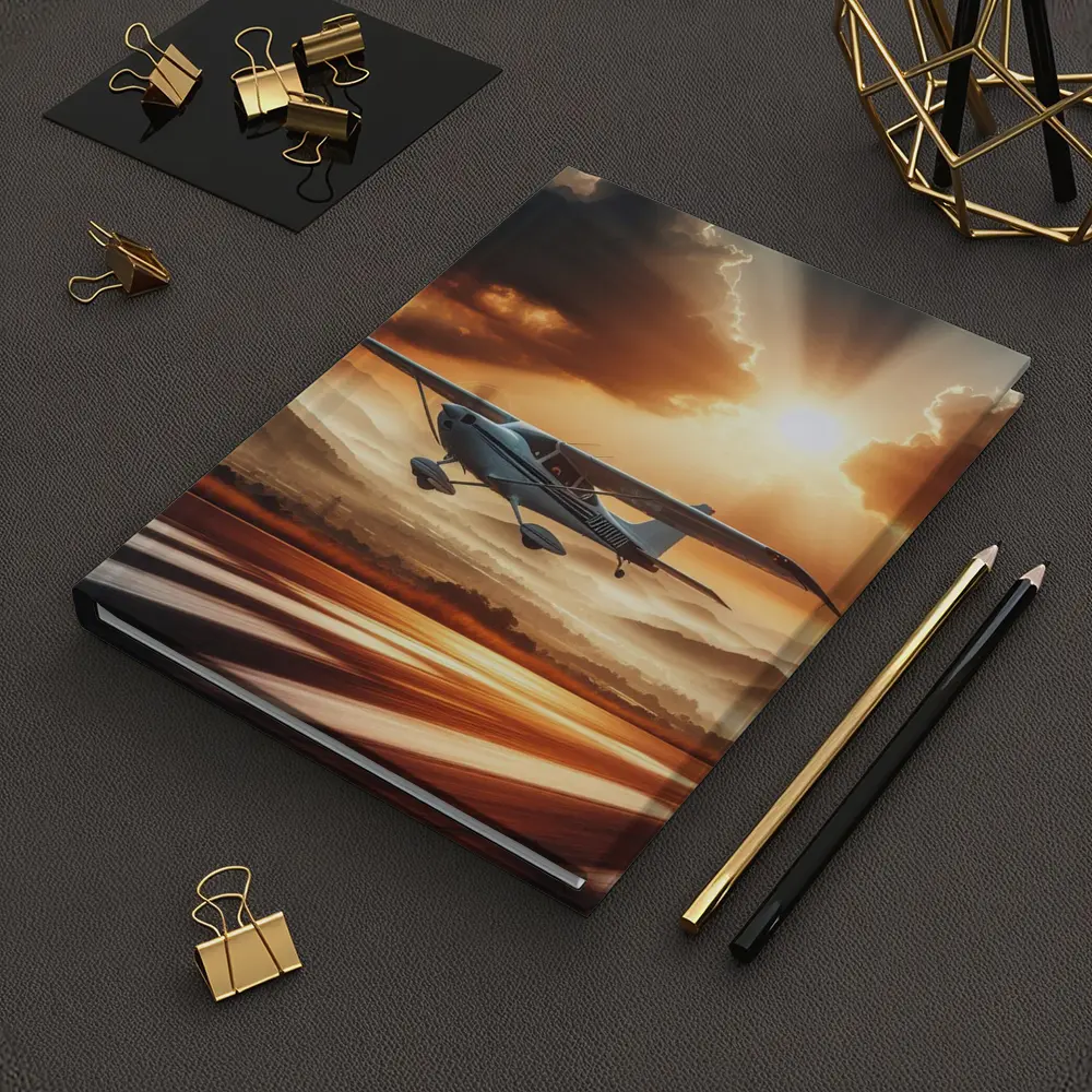 Small Cessna Plane Flying Sunset Mountain Sky – Notebooks