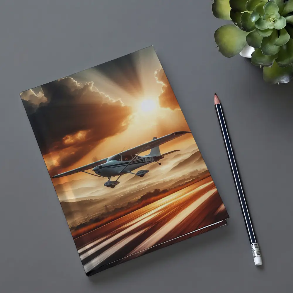 Small Cessna Plane Flying Sunset Mountain Sky – Notebooks