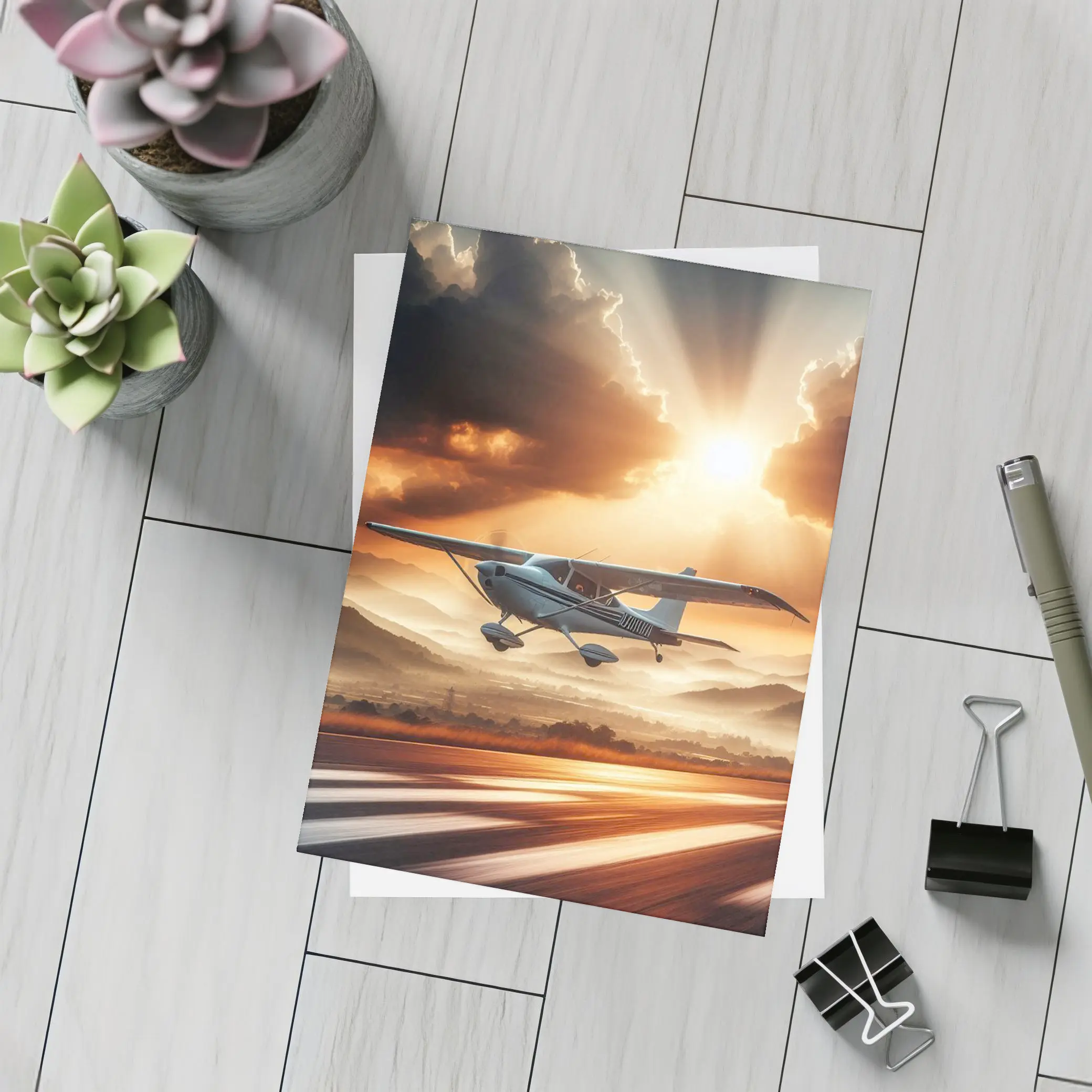 Small Cessna Plane Flying Sunset Mountain Sky – Postcards