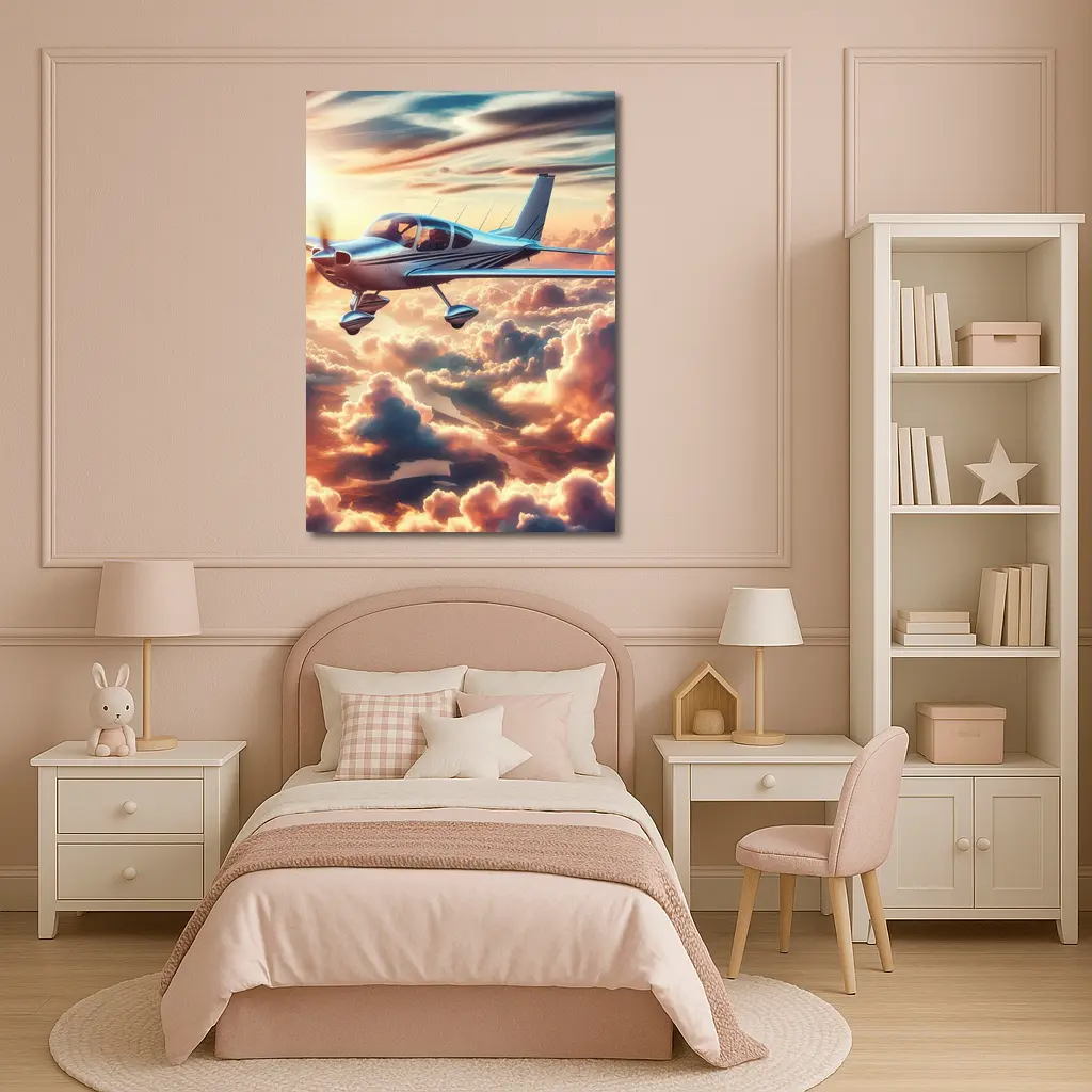 Small Propeller Plane Flying Above Sunset Clouds – Wall Art