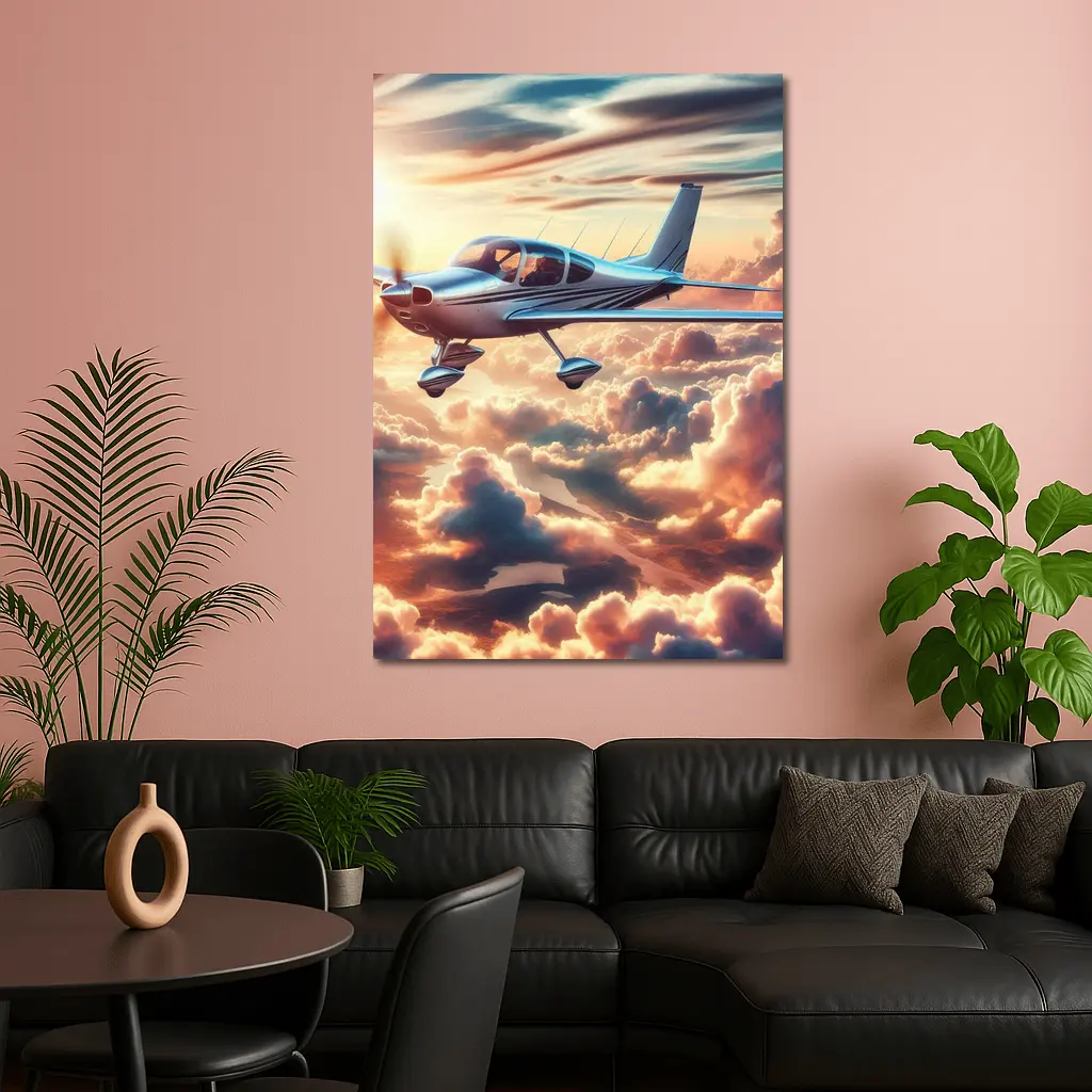 Small Propeller Plane Flying Above Sunset Clouds – Wall Art