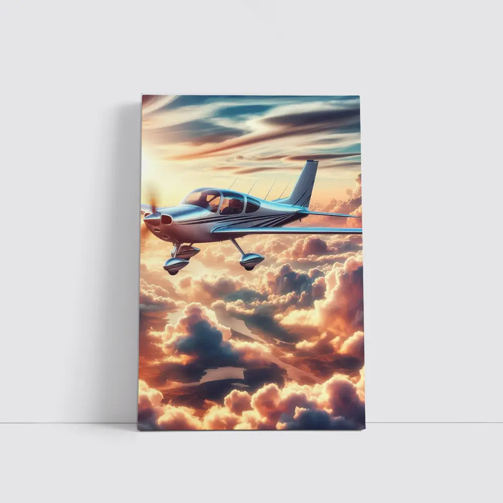 Small Propeller Plane Flying Above Sunset Clouds – Wall Art
